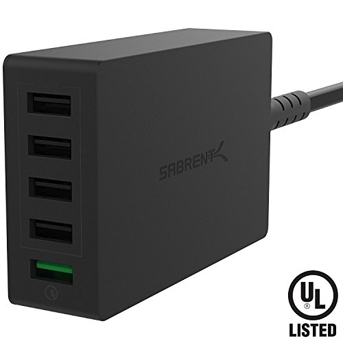 Sabrent Ladegeräte & Adapter Quick Charge 3.0 [UL-zertifiziert] 54W 5-Port Anschlüsse Family-Sized Desktop. USB-Schnellladegerät. Smart-USB-Ladegerät mit Auto Detect Technologie [Schwarz] (AX-QCS5)