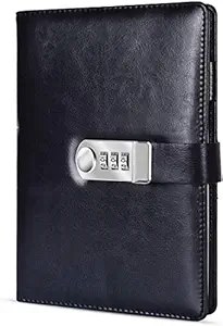 AccuPrints Black PU Leather 2021 Notebook Diary with Lock, Size 6 ny 8 inch or A5 with Combination Password Journal- Pages 200 undated