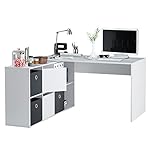 Mesa rinconera: 74 cm (alto) x 136 cm (ancho) x 139 cm (fondo), mesa estirada: 74 cm (alto) x 203 cm (ancho) x 66 cm (fondo). Se trata de una mesa de oficina que permite el trabajo manual y también el trabajo en ordenador, suficiente amplio como para que una persona trabaje sin estrecheces.