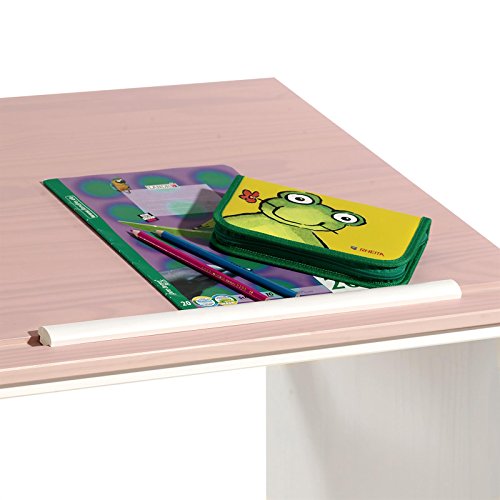 IDIMEX Bureau enfant écolier junior KEVIN pupitre inclinable avec 3 tiroirs 1 casier en pin massif lasuré blanc et rose