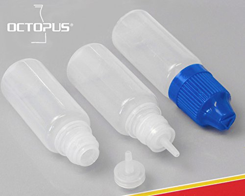 10 x 10 ml Octopus Tropfflaschen, zur Dosierung von Flüssigkeiten, E-Liquids, Augentropfen, leere LDPE Kunststoffflaschen transparent, Plastikflaschen mit blauem Tropfverschlüssen, mit Kindersicherung, inkl. 10 Beschriftungsetiketten - 2