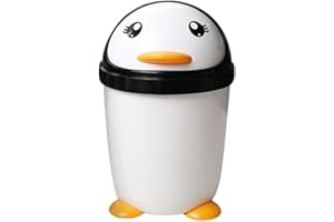 SHINEOFI Penguin Swing Lid Trash Can for Kids, Plastic Waste Bin Can Cute Bathroom Trash Bucket for Bedroom Office Car Kitchen