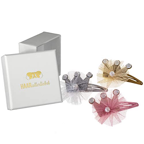HAARallerliebst 3 Horquillas para el Pelo con Corona y Tul (5 cm Aprox.), Color Rosa, Dorado y Plateado, 3 Unidades, Incluye Caja Blanca para guardarlo