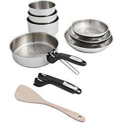 Sitram 711382, Batterie de cuisine 10 pièces : 3 casseroles + 3 poêles + 1 sauteuse + 2 pinces amovibles + 1 spatule en bois - Acier inoxydable - Tous feux dont induction
