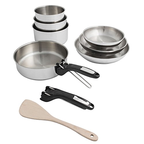 Sitram 711382, Batterie de cuisine 10 pièces : 3 casseroles + 3 poêles + 1 sauteuse + 2 pinces amovibles + 1 spatule en bois - Acier inoxydable - Tous feux dont induction