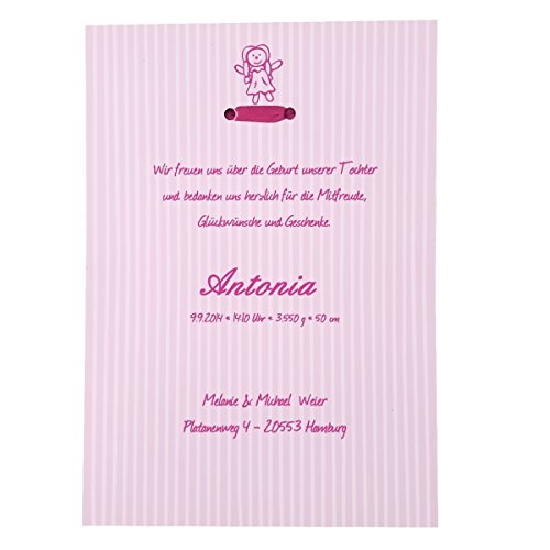 30 Geburtskarten – Pink Puppet – rosa mit kleiner Puppe und Satinband – Babykarten Geburtsanzeige-Set – zum einfachen Selbstbedrucken - 2