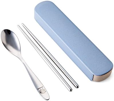 XXAICW Wheat Straw Portable Student Cutlery 3-Piece Travel Stainless Steel Chopsticks Spoon Set The Nordic Blue Box