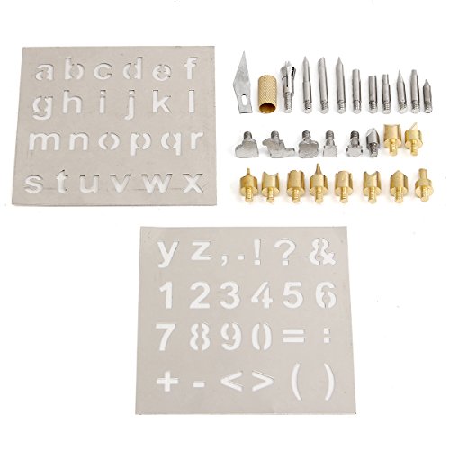 28PCS Brandmalerei Lötkolben Set, GOCHANGE Brandmalkolben 15 x Holz Brennen, 10 x Löten Tipps, 2 x Schablonen, 1 x Schneidmesser mit Metall Spannzange für Pyrographie, Carving - 2