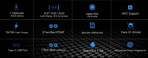 OUKITEL K10 Smartphone 4G Android 7,1 OS, 6 Pollici(18:9) Schermo Telefoni, 13MP + 8MP Anteriore, 21MP + 8MP Posteriore Fotocamera 11000mAh Cellulari, Processore Octa-core da 2,0 GHz Telefonia Mobile con 6GB RAM + 64GB ROM, Doppio SIM, Impronta Digitale Posteriore - Nero