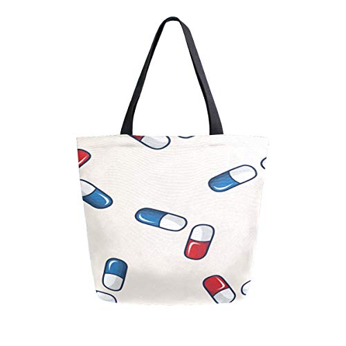 Preisvergleich Produktbild Pillen Lustige Designmuster Tragbare Große Doppelseitige Casual Canvas Tragetaschen Handtasche Schulter Wiederverwendbare Einkaufstaschen Reisetasche Für Frauen Männer Lebensmittelgeschäft Reise