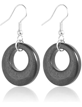 2LIVEfor Handmade Ohrringe Schwarz Silber Lang Hängend Hämatit Steine Reifen Loops Tropfen Versilbert Vintage...