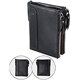 Echtem Rindsleder Geldbörse, Premium brieftasche herren Vintage Bifold Geldbeutel Doppelreißverschluss Portemonnaie mit Kreditkarte Halter (Schwarz)