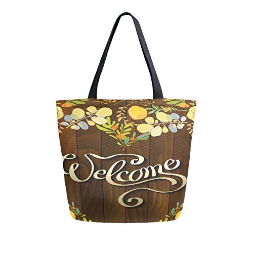 Preisvergleich Produktbild Willkommensschild auf Holzbrett mit Blume Tragbare Große Doppelseitige Canvas Tragetaschen Handtasche Schulter Wiederverwendbare Einkaufstaschen Duffel Geldbörse Frauen Männer Lebensmittelgeschäft