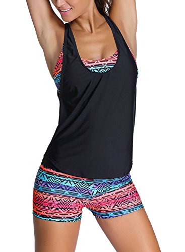 Dokotoo Femme Eté Maillot de Bain Rembourré Grande Taille Tankini Push Up Shorty Bra Top Set 3 Pièces, Multicolore, S(EU36-38)