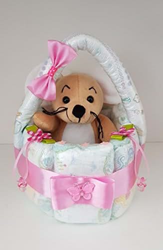 Produktbild von Windeltorte Mädchen Rosa - Handgemachtes Baby Geschenk Mit Kuscheltier Und Pampers