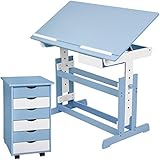 Abgerundete Kanten TecTake 800062 Kinderschreibtisch mit Rollcontainer Schreibtisch neig- & höhenverstellbar -Diverse Farben- (Blau  Nr. 401241)