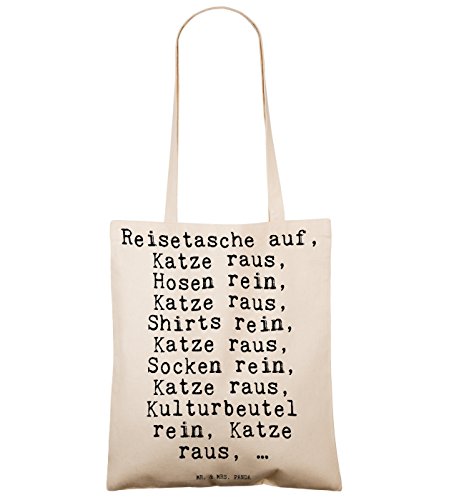 Mr. & Mrs. Panda Tragetasche mit Spruch „Reisetasche auf, Katze raus, Hosen rein, Katze raus, Shirts rein, Katze raus, Socken rein, Katze raus, Kulturbeutel rein, Katze raus, …“ – 100% handmade aus Baumwolle – Tragetasche, Tasche, Beutel, Jutetasche, Bag, Jutebeutel, Einkaufstasche, Motiv, Spruch, bedruckt, Druck Katze, Kater, Tier, Haus, Herrchen, Frauchen, Geschenk, Spruch, lustig, witzig, Reise, Koffer Spruch Sprüche Lustig Spass Geschenk Geschenkidee Zitate - 2