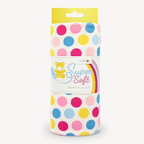 0,5m x1,5m Plüsch Stoff als SB-Produkt, gepunktet & samtweich / Teddyplüsch, EN71-3 & 71-9 zertifiziert, in schickem Design, Stoff weiß mit rosa / pink / blauen / gelben Punkten, Flor 1,5mm