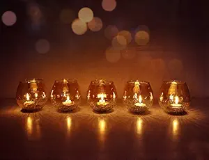 Lalhaveli Half Crackle Glass Hand Crafted Candle Holder for Romantic Wedding Bar Party Dining Home Decor Items Set of 5 (4 X 4 Inch) Candle Included