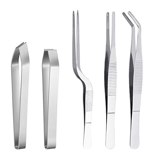 Kbnian Kit de 5 Pince à Épiler INOX Pince de Service Pince Alimentaire Pince à Viande Pincette Droit Biseauté Pointue Pince du Chef Professionnelle pour Cuisine Poisson Fruits de Mer Pâtisserie Sushi