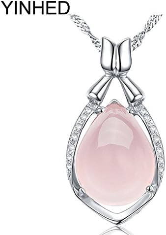 iFashionJewellery Luxury Natural Rose Stone Pendant Necklace 925 Sterling Silver Jewelry Crystal Powder Water Drop Necklace for Women Gift ZN056