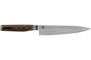 KAI Shun Premier Tim Mälzer Cuchillo japonés multiusos con hoja de 16,5 cm - Núcleo VG-MAX 61 HRC, 32 capas de Damasco pulido - Mango de madera de Pakka color marrón medio - Superficie martillada