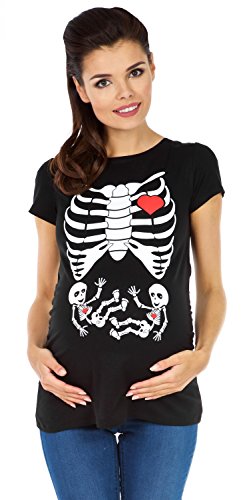 Zeta Ville - Women's Maternity Twins Skeleton Ribs Funny Tee Shirt Xray Top 254c (Black, UK 12/14)