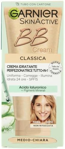 Garnier BB Cream Classica SkinActive, Per Pelle Uniforme e Idratata, Look Naturale, Arricchita con Acido Ialuronico, Aloe Vera e Pigmenti Minerali, SPF 15, Tonalità: Medio-Chiara