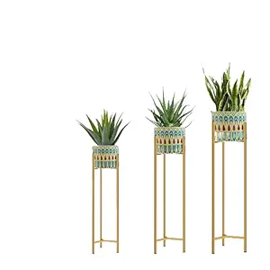 Ezzu Crafts Set of 3 Metal Planter Stands with Painted Pot - Indoor Outdoor Planter Stand- Planter Stand for Home and d