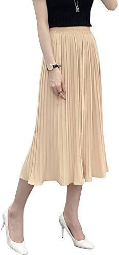 Sheicon Women Chiffon Pleated A Line Skirts Elastic Waist Color Apricot Size S