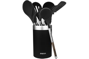Cecotec Utensilios de Cocina de Silicona Polka Excellence Force. Set de 9 piezas Negro, Recubierto Soft touch y Mango efecto Madera. Materiales: Silicona, Nylon y PP, Incluye Holder Polka