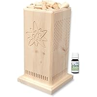 Original-Zirbenduftsäule inkl. 10ml Bio-Zirbenöl - mit gefrästem Edelweiss - Naturprodukt | Zirbenturm | Zirbenwürfel
