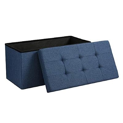SONGMICS Banc de rangement, Coffre avec Couvercle, grand Pouf pliable, Chambre, Entrée, Gain d’espace, Volume de 80 L, Charge max de 300kg, Rembourrage, Bleu foncé LSF47IN