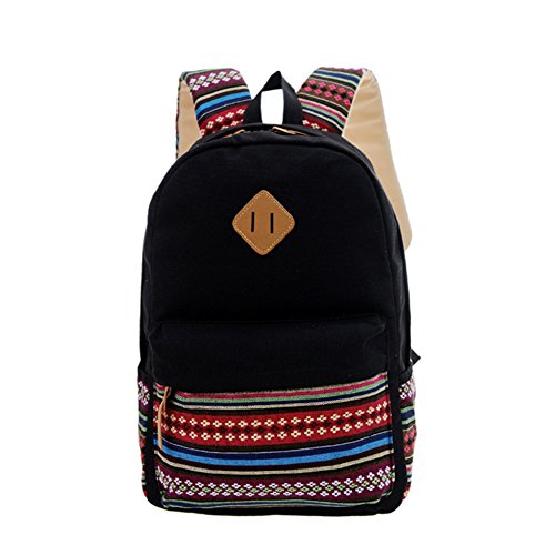 Preisvergleich Produktbild Topteck Mädchen Canvas Rucksack mit Polka Dots Schulrucksack Teenager(Schwarz)