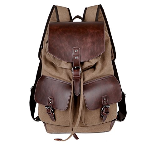 MANJH Canvas Backpack Vintage Lightweight Unisex Canvas Leather Rucksack College School Laptop Backpack Weekend Travel Daypack, Coffee