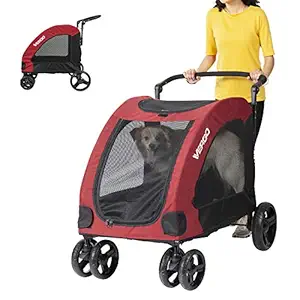 Vergo Dog Stroller Pet Jogger Wagon Foldable Cart with 4 Wheels, Adjustable Handle, Zipper Entry, Mesh Skylight Stroller for a Variety of Roads for Small to Large Dogs and Other Pet Travel (Red)