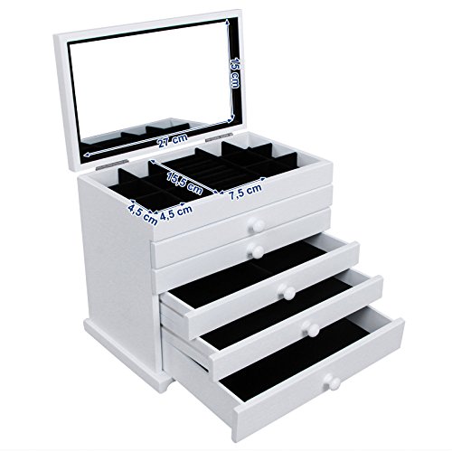 Songmics XXL Schmuckkasten Schmuckkoffer 6 Ebenen mit 5 Schubladen mit Spiegel Holz(MDF) weiß JBC55W - 8