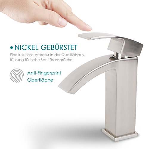 HOMFA Waschtischarmatur Wasserfall Einhebel Einhandmischer Mischbatterie Wasserhahn Armatur für Bad Badezimmer Waschbecken, Nickel gebürstet, HF001 - 3