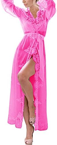 Happiness 8899 Wocharm Womens Sexy Elegant Lace Robe Nightwear Night Dressing Perspective Robe (M, Long Gown Hot Pink)