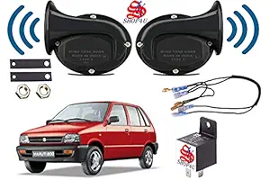 SHOP4U Square Shape Car Windtone Horn with Relay and Wire for Maruti 800 Set of 2 (Black)