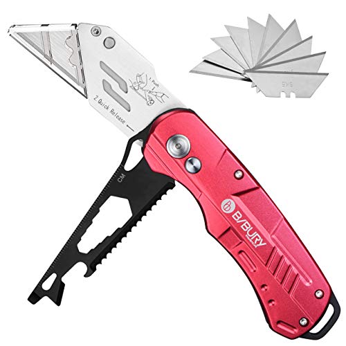 Bibury Cuttermesser, 2 in 1 Gefaltet Teppichmesser, Design der dritten Generation Universal-Klappmesser, Universalmesser mit 10 zusätzlichen SK5 Edelstahlklingen, Safety-Lock Design - Rot