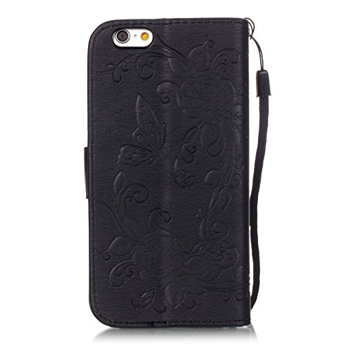iPhone 6 Hülle,iPhone 6S Lederhülle,Mo-Beauty® Malerei Schmetterling Muster Ledertasche PU Leder Hülle Flip Tasche Wallet Case Cover HandyHülle Brieftasche mit Standfunktion Karteneinschub und Magnetverschluß Etui Lederhülle Leder Tasche Case Cover für Apple iPhone 6/iPhone 6S (4,7 Zoll) + 1 x Gehärtetem Glas Display Schutz (Schwarz) - 2