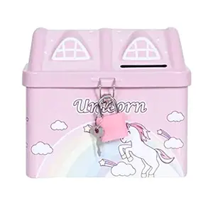 VIRTUAL WORLD House Shape Unicorn Printed Metal Coin Bank Piggy Bank for Kids with Lock and Key Coin Bank Design is Unicorn Imprint