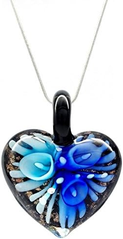 Distinctive Decorative Light &amp; Dark Blue Flower Venetian Murano Glass Love Heart Shaped Pendant / Necklace