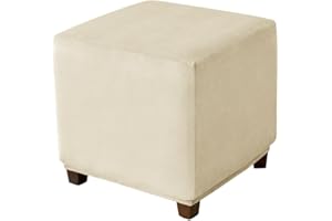 Highdi Velvet Square Ottoman Cover, Rectangle Stretch Footstool Slipcover, Stool Protector Cover with Elastic Bottom, Dustproof Removable Washable Footrest Pouffe Covers (S,beige)