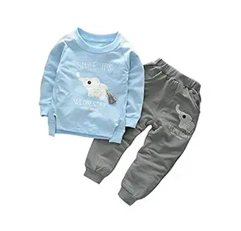 Bold N Elegant Sky Blue n Grey Cute Elephant Tail 2pc Baby Boy Girl Clothing Set Wednesday Smile Ganesha Full Length Set Tshirt Pant Set for Infant Toddler Kids