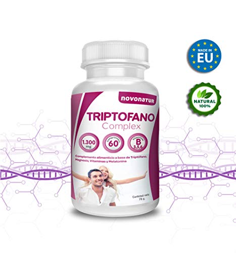 Triptofano con magnesio y vitamina b6, mas melatonina, espirulina, vitamina B3 y B5, 60 comprimidos de 1.300 mg. Antiestres natural, contra la ansiedad natural, propulsor de serotonina natural