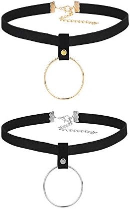 MingJun 2 PCS Gold and Silver Plated Black Velvet Choker Necklace Set Elegant Stretch Charm Chokers with Pendant for Womens