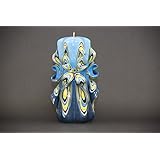 Groß, Blau und Gelb - helle Farben - dekorativ geschnitzte Kerze - EveCandles