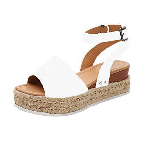 Sandalias Mujer con Sandalias Wedge Plateau con Correa en el Tobillo Sandalias Bajas de Verano Alpargatas de Punta Abierta Zapatos Elegantes para Mujer Cómodos (40 EU, Blanco)